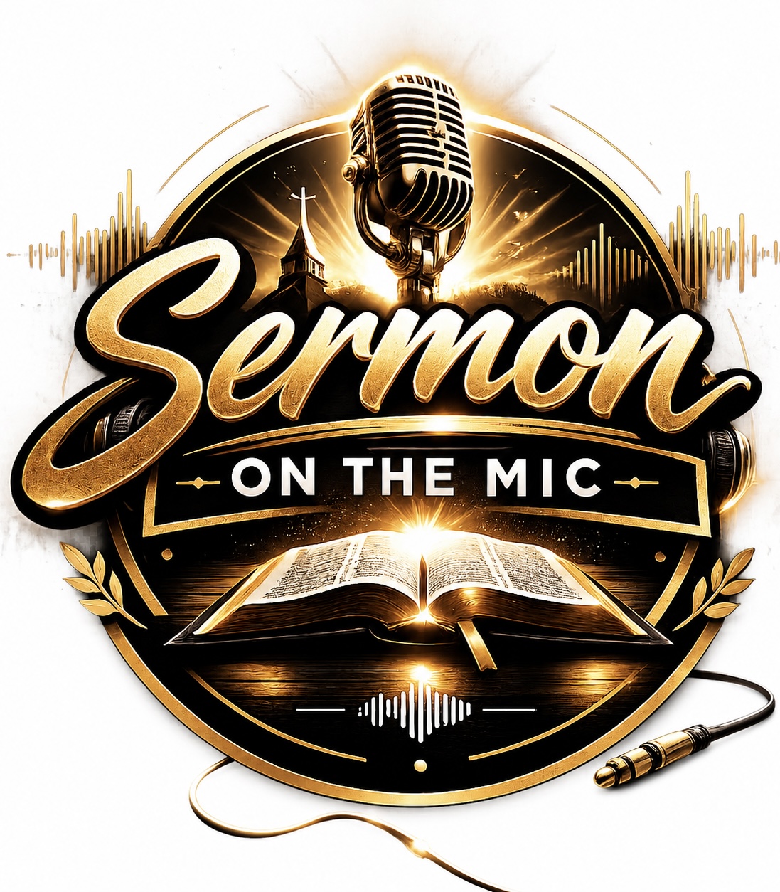Sermon on the Mic gold and black ministry logo featuring a microphone, cross, and open Bible
